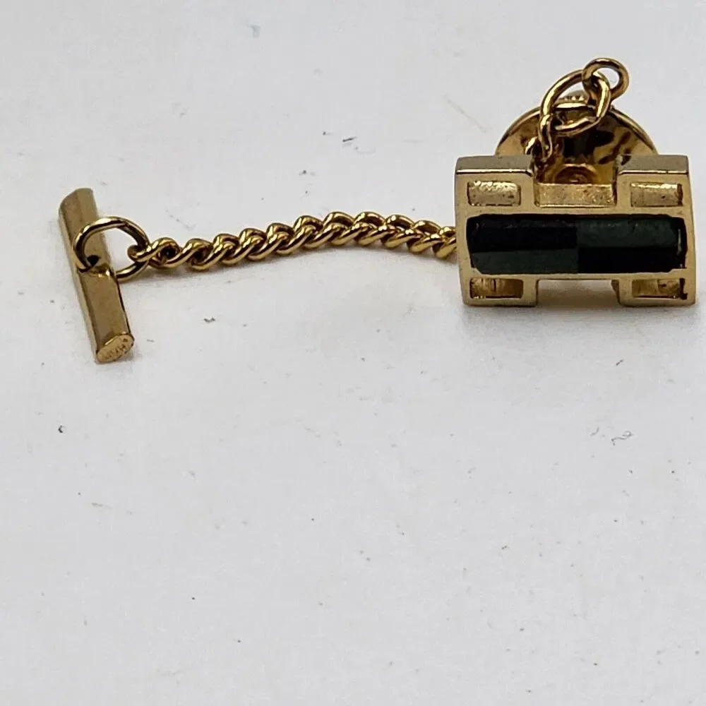 Vintage Genuine Onyx Inlaid Jade Quality ANSON Tie Tack Green Black Gentleman